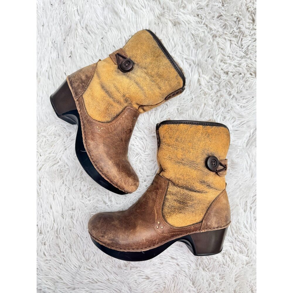 Dansko Womens 38 Shearling Foldover Ankle Boots Brown Leather Clog Heel Winter